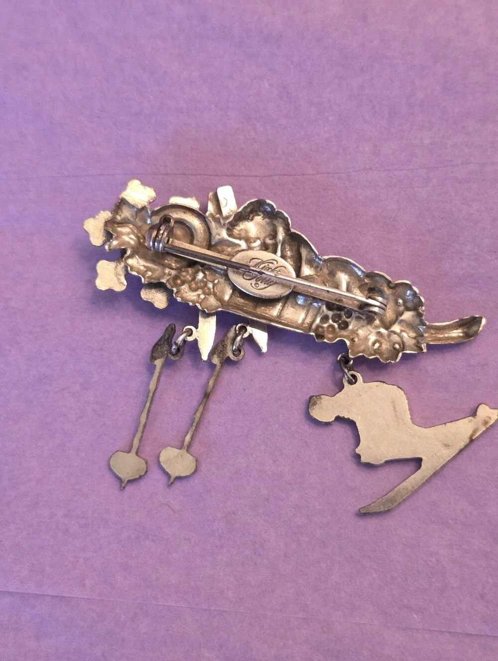 Vintage Kirks Folly Winter Skiing Cherub Silvertone Dangle Charm Brooch 1990s